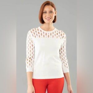 Lisette Hallie Ivory Sweater with Eyelet Yoke & 3/4 Sleeves - Medium
